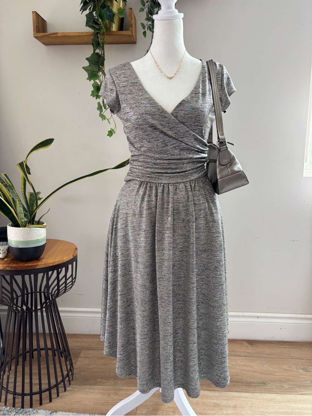 Maeve Grey Wrap V-Neck Midi Dress